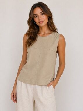 Eileen Fisher(Fisher Project) Beige Goat Suede Leather Sleeveless Shell Top